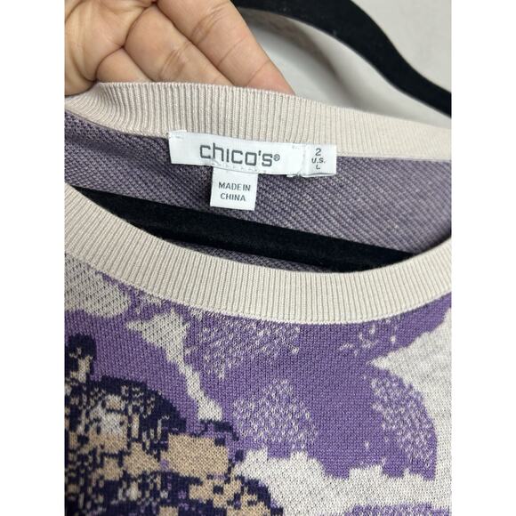 Chico's Short Sleeve Crew Neck Abstract Purple Floral Sweater Size Large - Picture 6 of 7